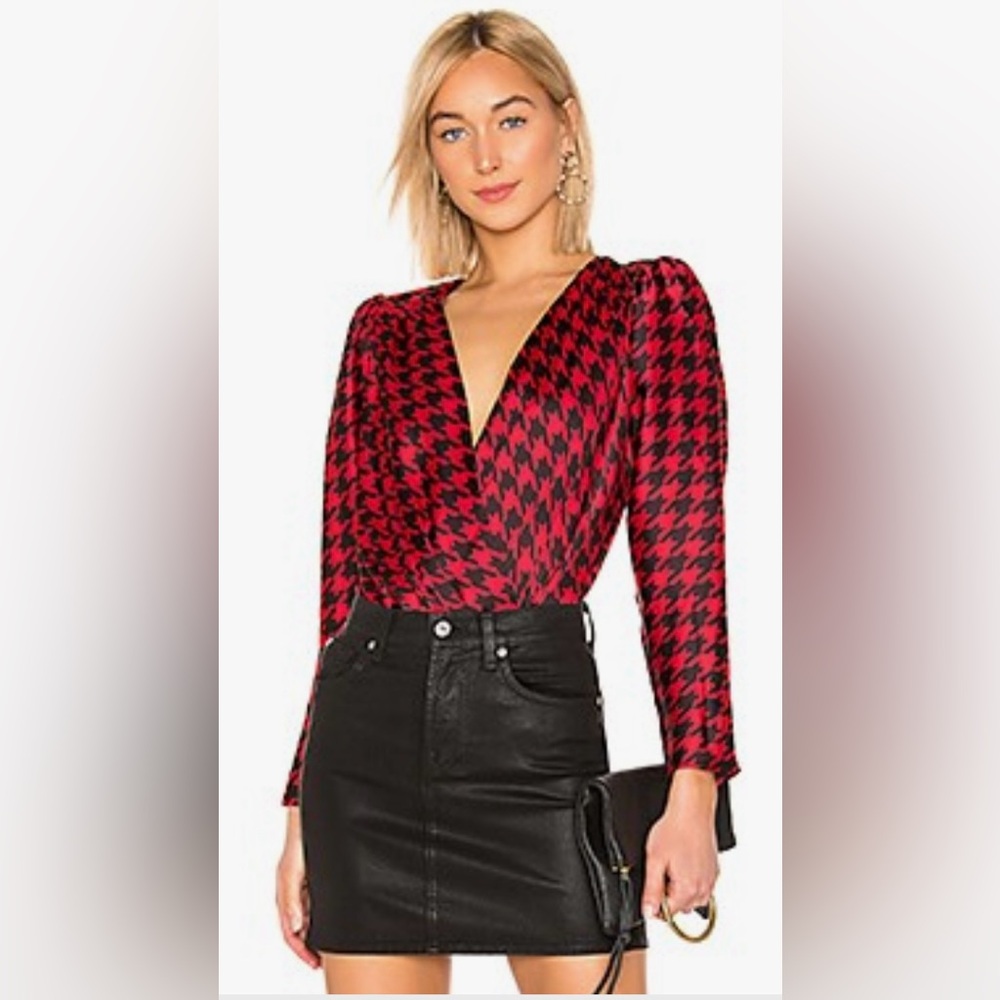 L'Academie THE VICTOIRE BODYSUIT in Red Houndstooth worn 1x for Christmas